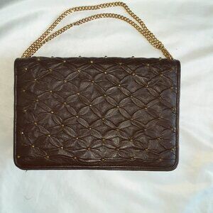 Morris Moskowitz vintage brown leather smocked evening clutch with gold beads